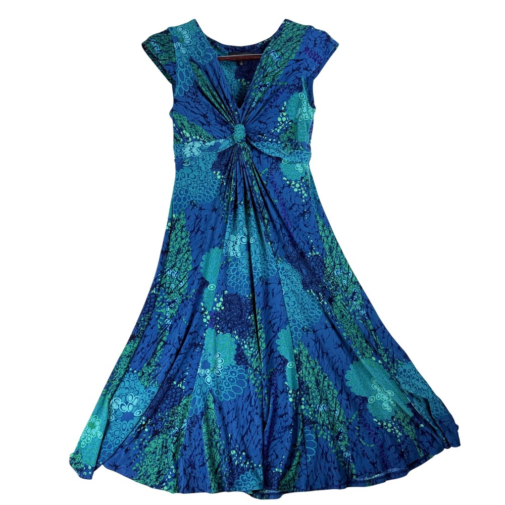 Jones New York Dress Womens 4 Blue Green Abstract Floral Knot Front Boho Midi